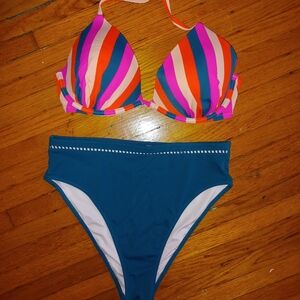 Striped Multicolor Bikini Set With Teal High Leg High Waist Bottoms